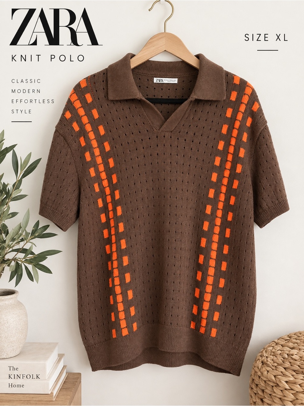 Zara Men's L-XL Brown Orange Open Knit Polo Sweater Top Retro Geometric Preppy